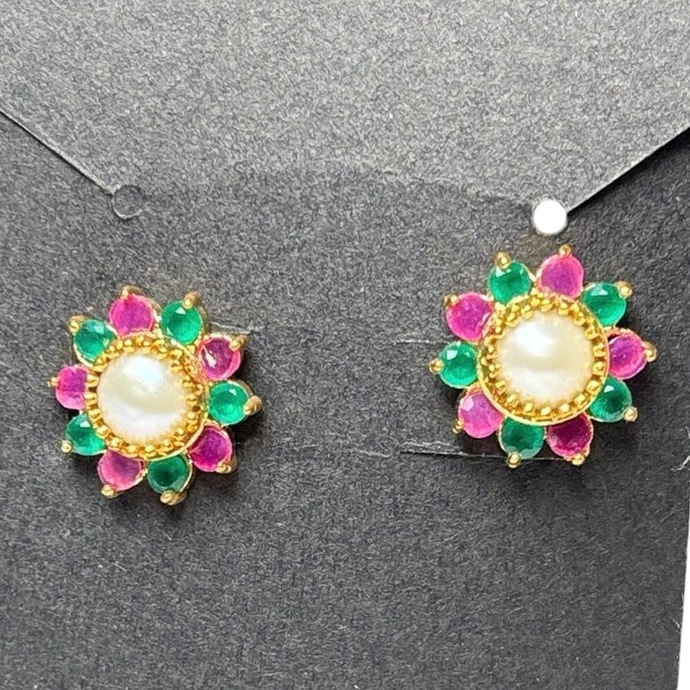 Vintage Faux Pearl Pink Green Rhinestone Flower Stud Earrings Gold Tone